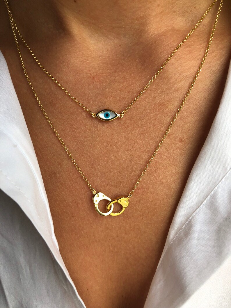 Evil Eye Necklace, Gold Necklaces , Evil Eye Charm, Handcuffs Necklace, Handcuffs Pendant, Evil Eye Jewelry, Made from Sterling Silver 925. image 8