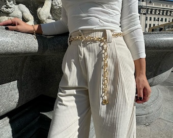 Cinturón de cadena de aluminio dorado, accesorio para mujer, cinturón bohemio con dijes, hecho en Grecia.