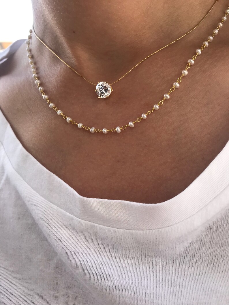 Layer Necklaces Crystal Pendant White Beaded Necklace Etsy