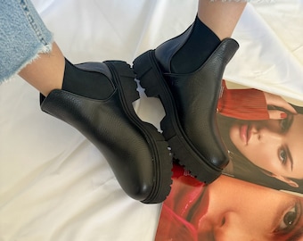 Black Leather Shoes, Chelsea Boots, Chunky Sole Ankle Boots, Women Winter Shoes, Made in Greece