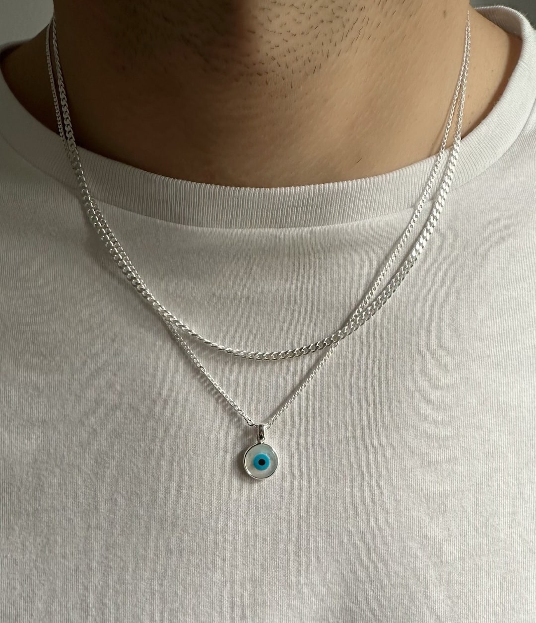 Silver Chain Evil Eye Necklace Men Silver Chain Men Etsy