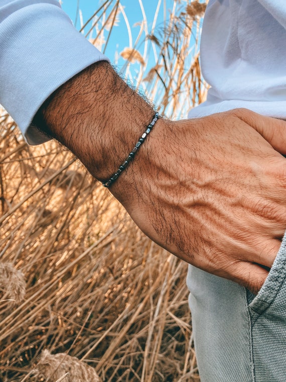 Small Geometric Silver Beaded Men's Bracelet — WE ARE ALL SMITH