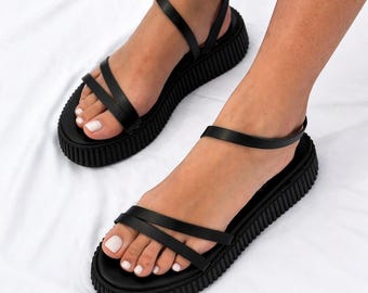 Black Platform Leather Sandals Women, Minimal Strappy Espadrilles Shoes, Handmade Summer Sandals.