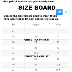 May include: Size chart for sandals in US men's sizes 7 to 11. The chart shows European sizes, length in inches, and width in inches. The chart also includes the brand name Christina Christi.
