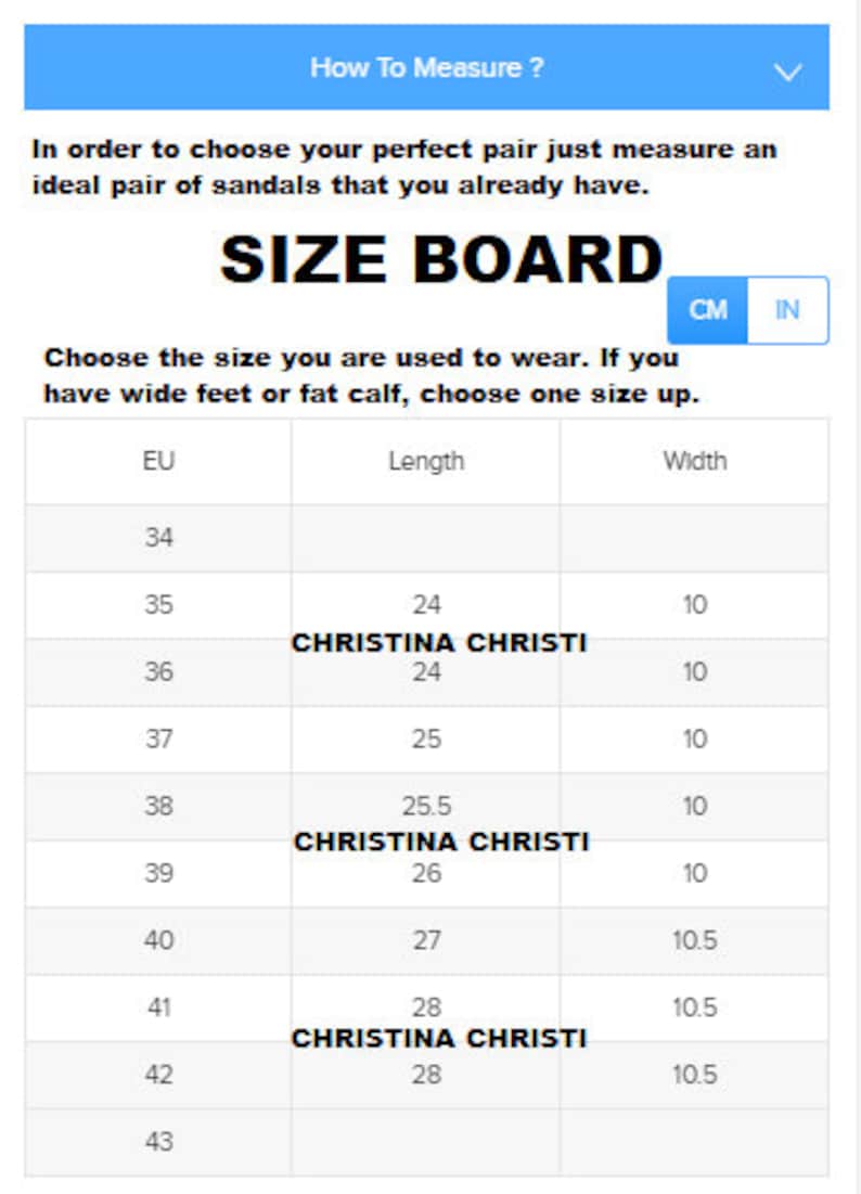 May include: Size chart for sandals in US men's sizes 7 to 11. The chart shows European sizes, length in inches, and width in inches. The chart also includes the brand name Christina Christi.