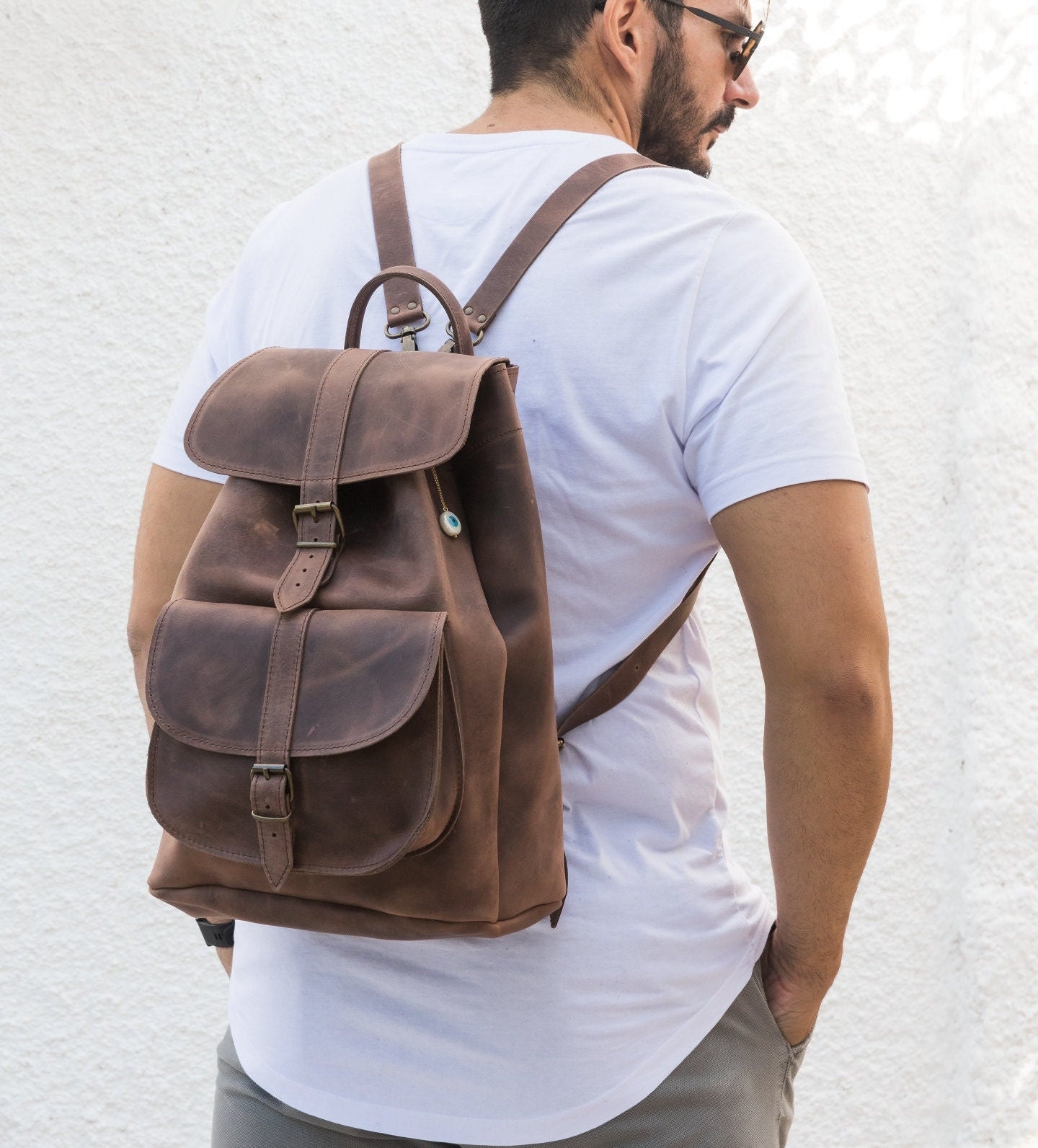 Comparar níquel heno Mochila portátil mochila de cuero marrón para hombres bolso - Etsy España