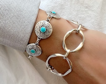 Bracelet à chaîne en argent, bracelet à chaîne large, bracelet en argent, bracelet à chaîne chunky, bracelet perlé, cadeau pour elle, fabriqué en Grèce.