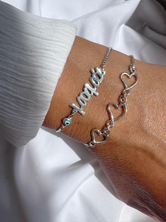 Sterling Silver Heart Bracelet, Mom Charm, Stacking Jewelry, Made in Greece