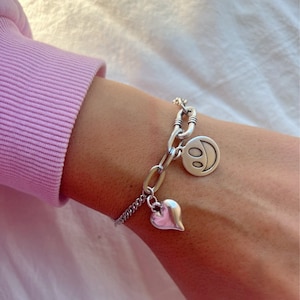 Handmade Silver Chunky Chain Bracelet, Heart Charm Bracelet, Happy Disc Bracelet, Gift for Her, Made from Stainless Steel n Aluminium Chains