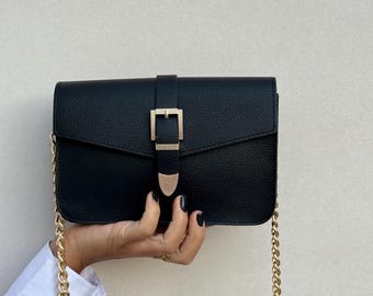 Black Leather Shoulder Bag, Small Crossbody Bag, Women Handbag, Gold Buckles, made in Greece.