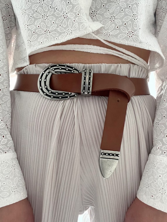 Women’s Tan Leather Wide Belt with Decorative Silver Buckle 1 main image 4