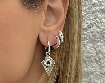Silver Evil Eye Earrings, Hoop Earrings, Minimalist Earrings, Stainless Steel Studs, Made in Greece
