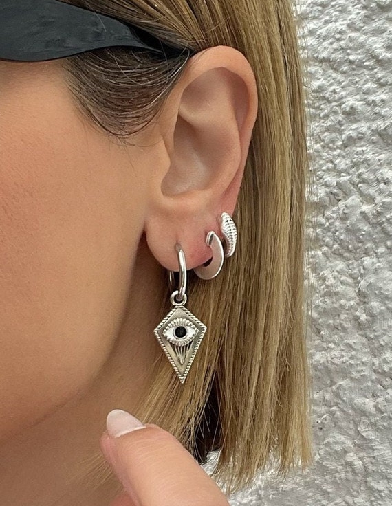 Silver Evil Eye Earrings, Hoop Earrings, Stainless Steel Studs, Made in Greece
