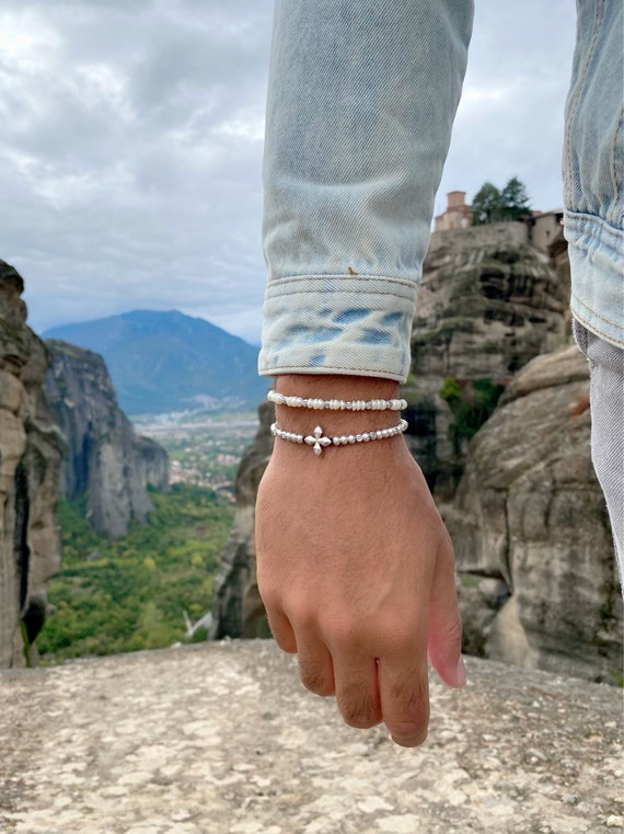 Men's Pearls Beaded Cross Bracelet