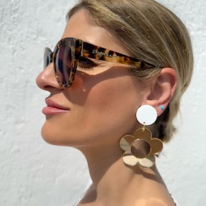 Gold Daisy Earrings, Dangle Earrings, Clip On Earrings, Floral Earrings,  Statement Earrings, Unpierced Ears, Gift for Her, Made in Greece