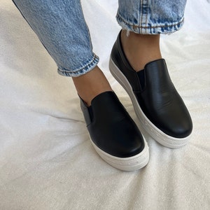 Black Leather Slip On Shoes, Women Leather Shoes, Women Slip Ons, Black Shoes, Gift for Her, Made in Greece,