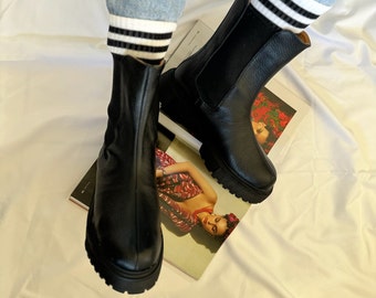 Black Leather Ankle Boots, Women Boots, Slip-On Shoes, Winter Shoes, Made in Greece