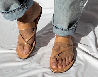 Sandali da uomo in pelle fatti a mano, scarpe estive greche, sandali da spiaggia da uomo.