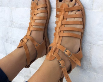 Sandalias de gladiador de cuero griego: zapatos de verano marrones hechos a  mano