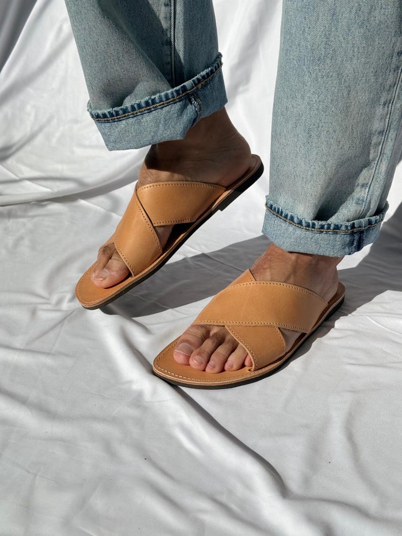Mens Leather Sandals, X Sandals, Mens Sandals, Greek Slides, Men Summer Shoes. image 6