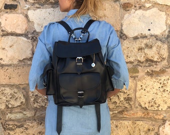 black backpack leather womens