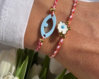Evil Eye Bracelet, March Bracelet, Spring Bracelet, Red Bracelet, White Bracelet, Friendship Bracelet, Greek Charm