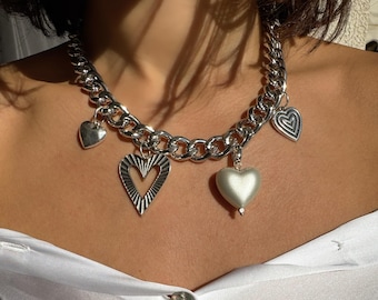 Silver Heart Necklace, Chunky Necklace, Statement Pendant, Wide Chain Necklace, Love Jewelry, Made in Greece.