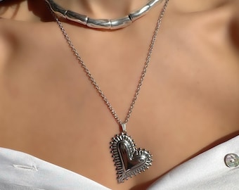 Long Heart Necklace, Love Pendant, Stainless Steel Necklace, Silver Chain, Silver Layers, Made in Greece.