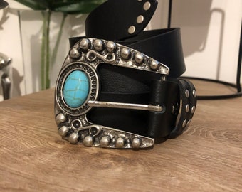 Wide Boho Leather Belt, Turquoise Statement Buckle, Vintage  display picture 2