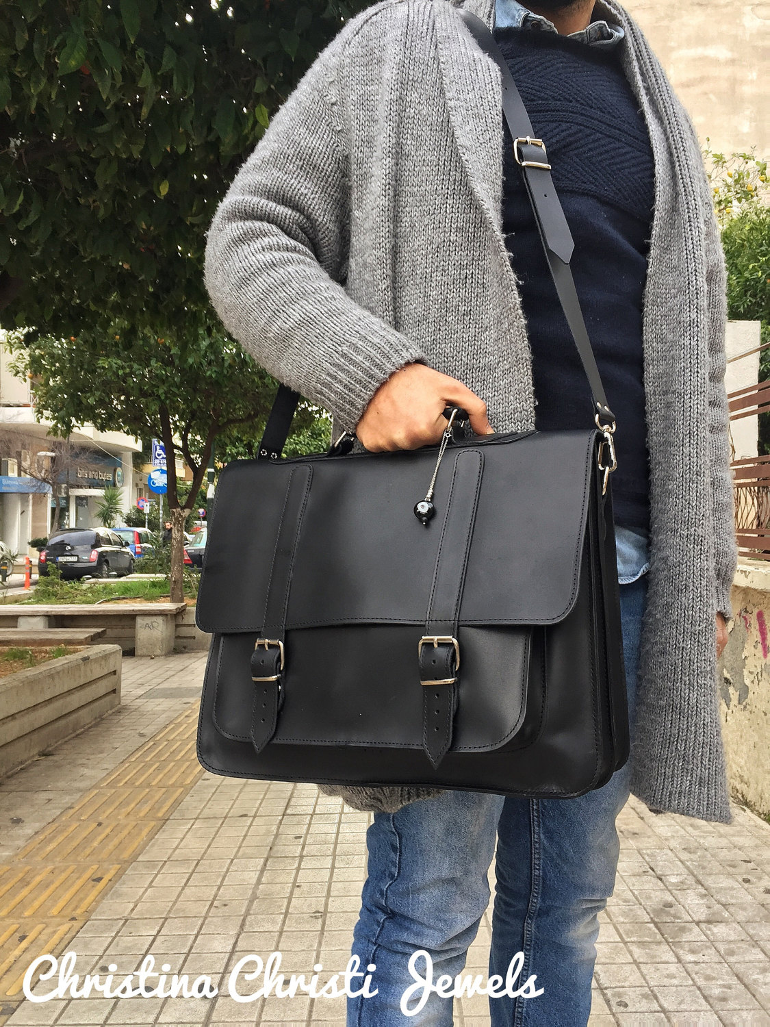 Leather Briefcase Men, Black Leather Messenger Bag, Men's