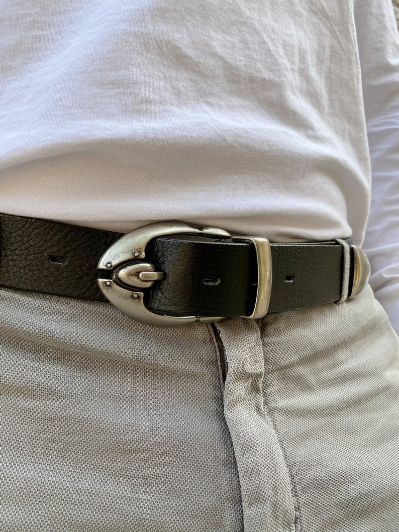 Men Leather Belt Silver Buckle Belt Black Leather Belt Etsy