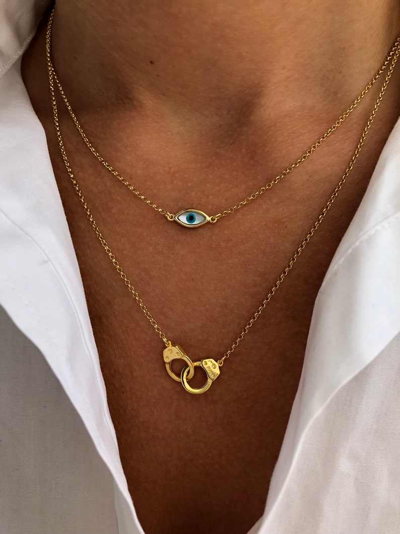 Evil Eye Necklace, Gold Necklaces , Evil Eye Charm, Handcuffs Necklace, Handcuffs Pendant, Evil Eye Jewelry, Made from Sterling Silver 925. image 5