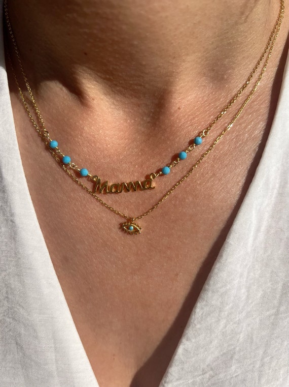 Gold Evil Eye Necklace, Turquoise Rosary Necklace, Zircon Mama Pendant, Sterling Silver 925.
