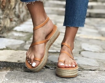 Handgefertigte Plateau Sandalen, Frauen Keile, Braune Sandalen, Espadrille Sommer Schuhe