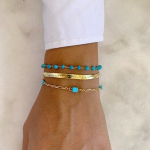 Turquoise Beaded Rosario, Turquoise armbanden, sierlijke armbanden, kettingarmband, cadeau voor haar, gemaakt van verguld sterling zilver 925. afbeelding 4