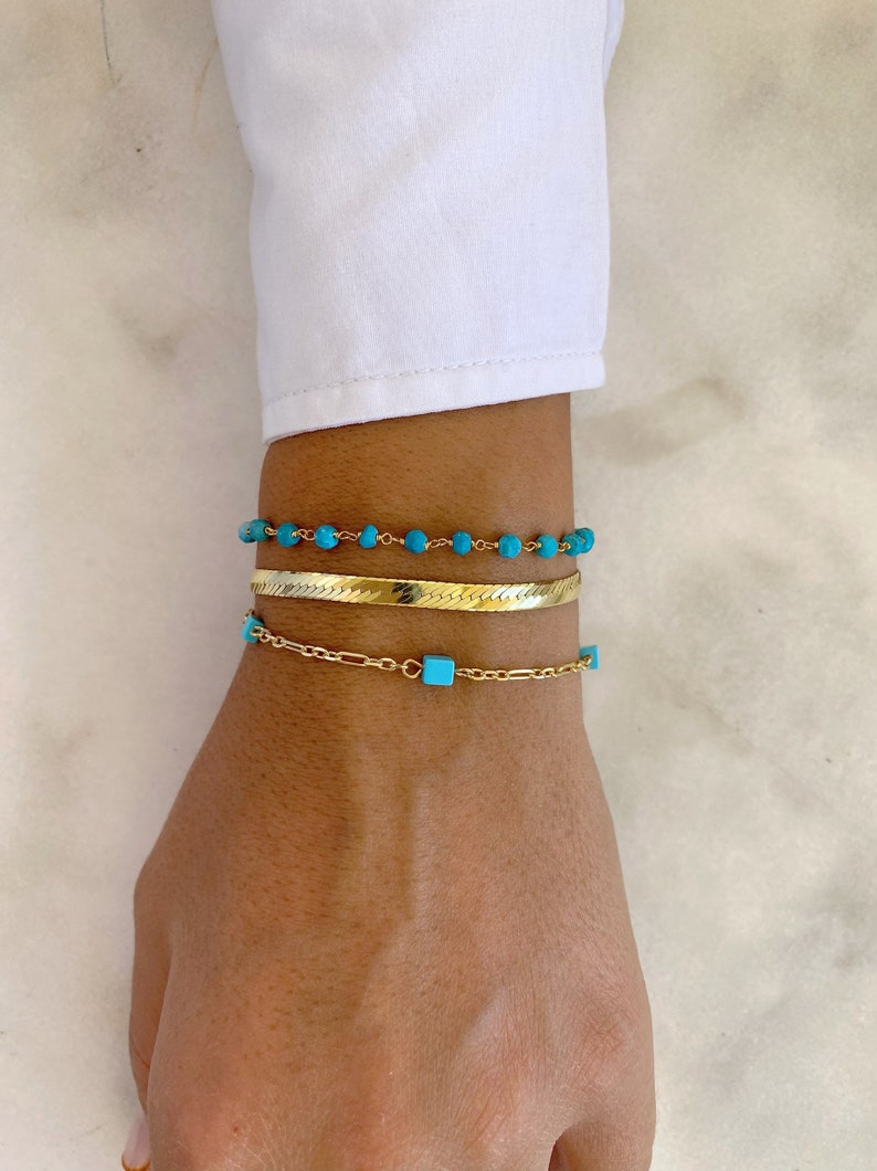 Turquoise Beaded Rosario, Turquoise armbanden, sierlijke armbanden, kettingarmband, cadeau voor haar, gemaakt van verguld sterling zilver 925. afbeelding 4