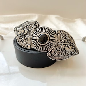 Boho Silver Buckle Belt, Black Leather Belt Women, Boho Buckle, Gift for Her, Made in Greece.
