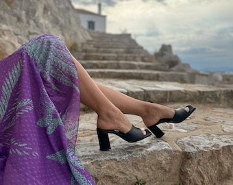 Mules de piel negra, mules de tacón medio, sandalias de tacón, zapatos de tacón cuadrado