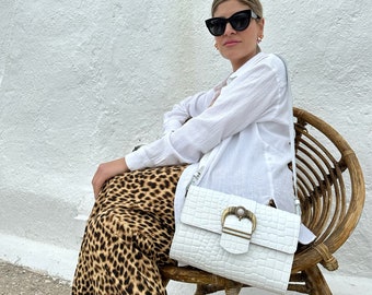 White Leather Crossbody Bag, Leather Shoulder Bag Women, Boho Shoulder Purse, Handmade Women Bag, Full Grain Leather, Gift for Her.