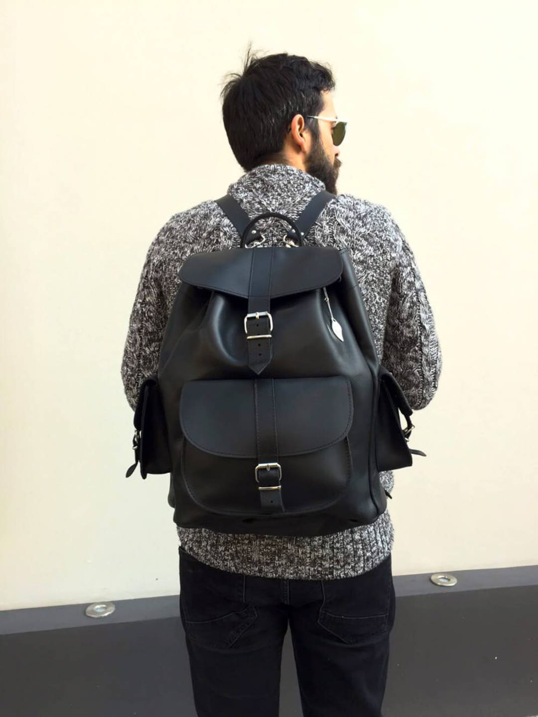 ★BLACKUP★ Fisherman Faux Leather One Pocket Big Size Backp Leather Backpack Men, Leather Rucksack, Black Leather
