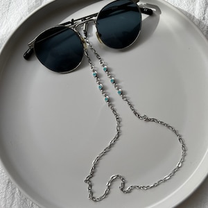 Silver Sunglasses Chain: Stainless Steel Eyeglasses Lanyard with Turquoise Enamel