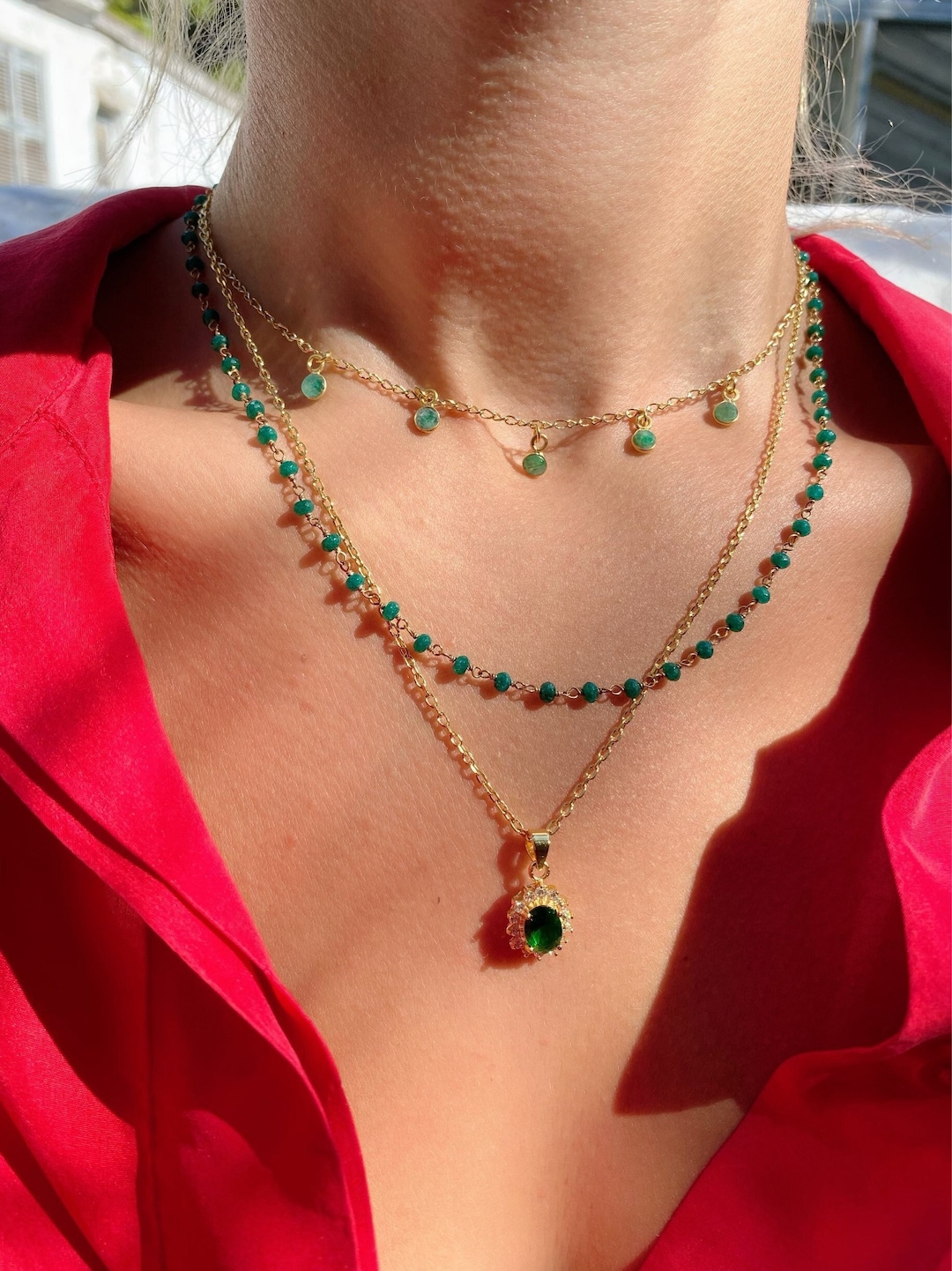 Handcrafted Layers Emerald Necklace, Layering Necklace, Handmade Layers Necklace, Gold ...
