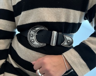 Black Leather Wide Belt Silver Buckles, Women Boho Buckle Belt, Wide Belt, Gift for Her, Made from Real Genuine Leather - Wide n Boho