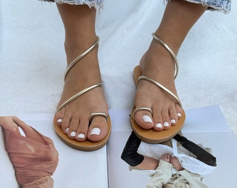 Sandalias doradas, sandalias de tiras de cuero, zapatos de verano para mujer, zapatos planos hechos a mano