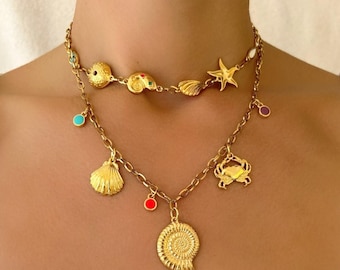 Gold Necklace, Shell Necklace Set, Stainless Steel Necklace, Gold Chain Necklace, Enamel Stones Necklace.