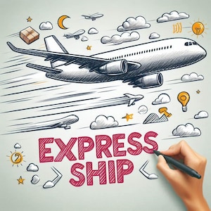 Puede incluir: Ilustración de un avión a reacción en vuelo con el texto "EXPRESS SHIP" en rojo. La imagen incluye dibujos de nubes, estrellas y otros elementos de diseño, sugiriendo servicios de entrega y envío rápidos.