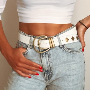 Large Buckle Belt, Women Leather Belt, White Leather Belt, Gift for Her, Made from Real Genuine Leather, Made in Greece.