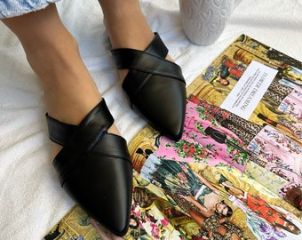 Leather Mules, Black Leather Mules, Women Shoes, Greek Sandals, Made in Greece.