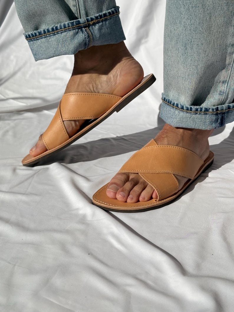Mens Leather Sandals, X Sandals, Mens Sandals, Greek Slides, Men Summer Shoes. image 2