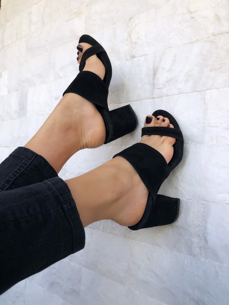 Black Heeled Sandals, Mules Sandals, Leather Sandals, Heeled Mules, Suede Shoes, Slip On Shoes, Made from Suede Leather in Greece. image 7